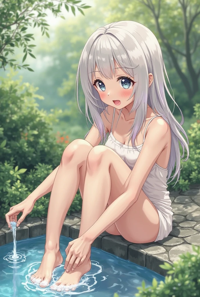1girl, white hair, long sexy hair, no shoes, thighsocks, navel, midriff, sexy, armpit, cat ears, water, no panties, wet, spreading, fabulous lighting, beautiful shading, sunlight, ass, butthole, smirk, undressing