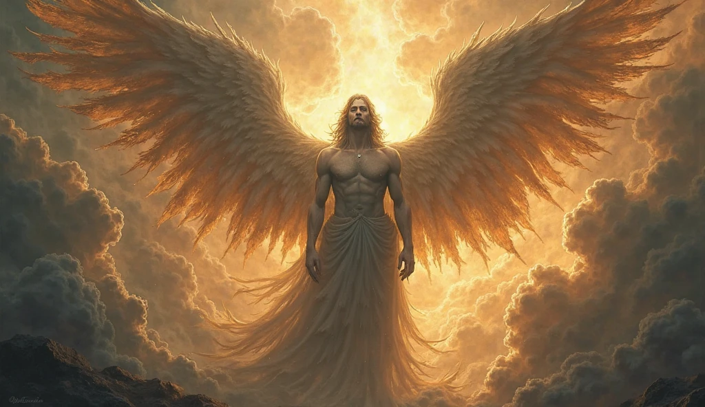 a huge archangel michael with wings,archangel michael,archangel,michael,angel,lucifer,fallen angel,angel vs demon battle,dramatic lighting,intense expression,muscular figure,detailed feathered wings,divine light,religious,epic,cinematic,highly detailed,digital art,concept art,3d render,photorealistic,8k,extremely detailed