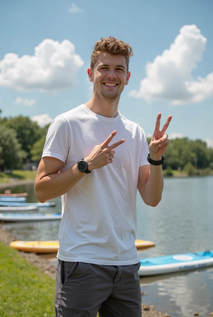 zoom out, full body image, ((Handsome 35 year old caucasian man with desireable features watching a beach volleyball game in Paris)), BREAK, (medium length light brown hair, faded sides, clean shave face, sunglasses, athletic physique, cheerful smile with confident expression, BREAK, gray tee shirt, BREAK, blue jeans, bright outdoor lighting highlights his excellent features
