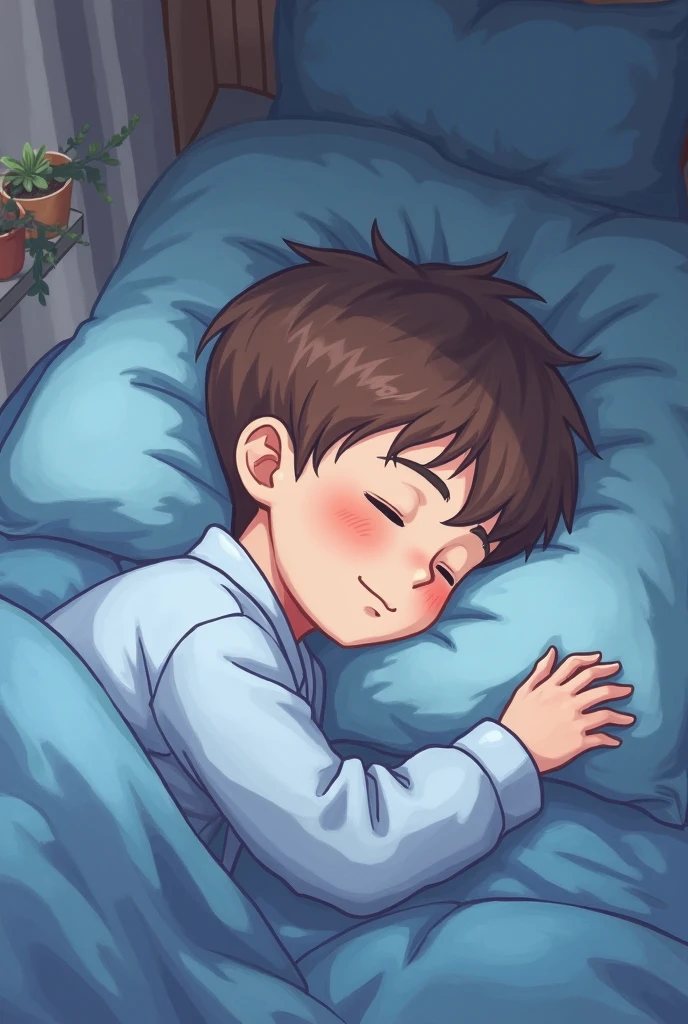 A child was lying in a bed a little happy.