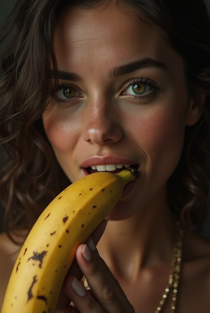 A smartly dressed woman in natural light、A close-up of her chest and calm expression.、It shows her inner peace and outer charm.。Beautiful mature woman with beautiful wavy long hair, Licking a banana, Ultra-high resolution,(Realistic:1.4), ((Highest quality)), ((masterpiece)), (be familiar with),