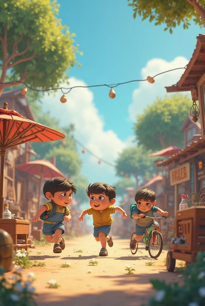 3D Animation Cartoon"Rohaan and his friends use their powers to help villagers in various ways. One child runs rapidly, carrying heavy sacks of grain from one end of the village to the other. Another lifts large fallen tree branches, while Rohaan flies overhead, observing and guiding his friends. Villagers, standing nearby, look on in amazement, their faces filled with gratitude. The scene is bustling with activity, as the children use their powers to fix broken homes, carry supplies, and clear debris. The lighting is bright and warm, conveying a sense of teamwork and community as everyone works together to restore the village"