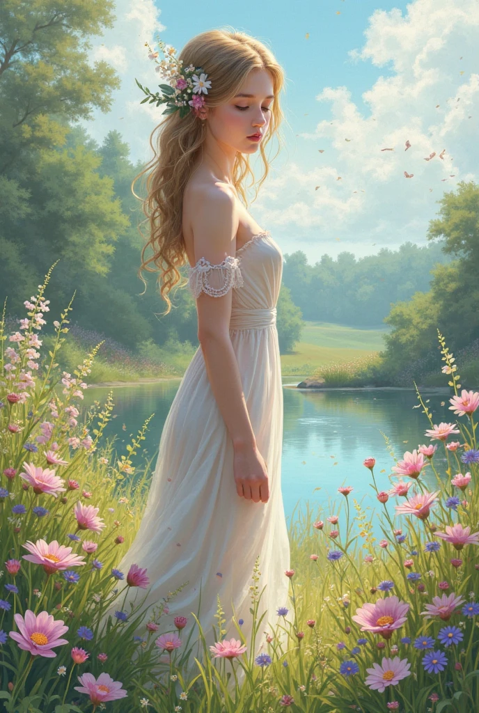 watercolor painting of woman from the coast, blonde hair braided in a white dress with a handbag. is in a garden