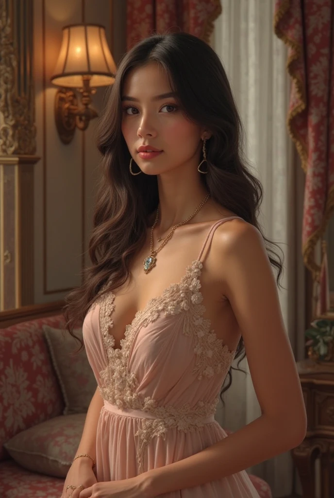 Fashion very long runway satin ivory dress in a heavenly Oxford library worn by a south asian girl. There are pearls on the bust of the dress. The girl has flowers and pearl in her hair. 