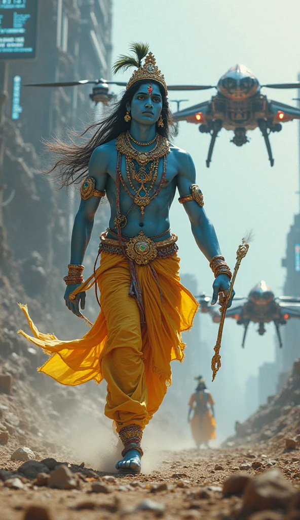 An image of Lord Shiva walking amidst a Kavad Yatra procession. Lord Shiva is depicted with a powerful yet serene expression, holding his trident (trishul) and wearing traditional attire, including a tiger skin loincloth and a snake coiled around his neck. His matted hair is adorned with the crescent moon and the Ganges River flowing from it. He is barefoot, walking gracefully alongside the Kavad Yatra participants, who are carrying colorful kavadis decorated with flowers and small idols. The scene is filled with devotion, with drums and chants filling the air, and a backdrop of sacred mountains and a clear blue sky.”