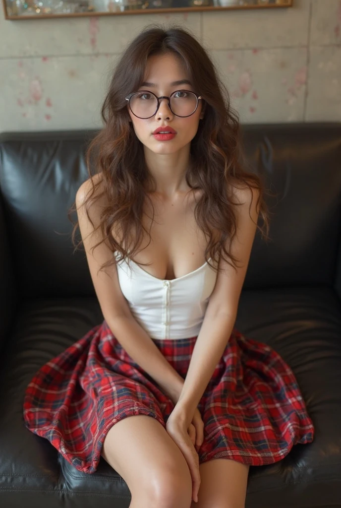 ((best quality, 8K, masterpiece: 1.3)), beautiful khazakstan girl, pure, melon face, kind and cute, sweet smile, pure desire, slender body, (front), (tilted head), long brown wavy hair, windy hair, long flowing shoulders, round black big eyes, round glasses, clear big eyes, moist red lips, sweet, sitting wide open legs on a comfrotable black sofa, indoor cafe shop background, blured background, bright lighting, open mouth, pleading eyes, ((((whole body)))), sexy slender legs, medium firm breasts, lift your skirt, ((slim muscular body)), (M-legs:1.5), ((lifting you own skirt:1.5)), wearing white strapless and red tartan micro skirt, upskirt white panties, tilted head
