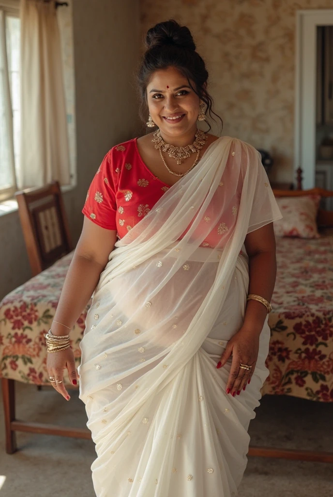 Day scene, A radiant, full-figured South Indian 35 year old aunty a white colour chiffon gown ,standing, in a office captured in a full-body image with vibrant hues and meticulous details. Full body image