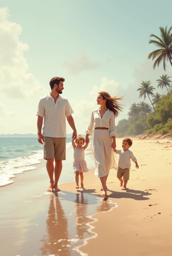 Man with his wife and 3 children leaving a beach party of pure sand