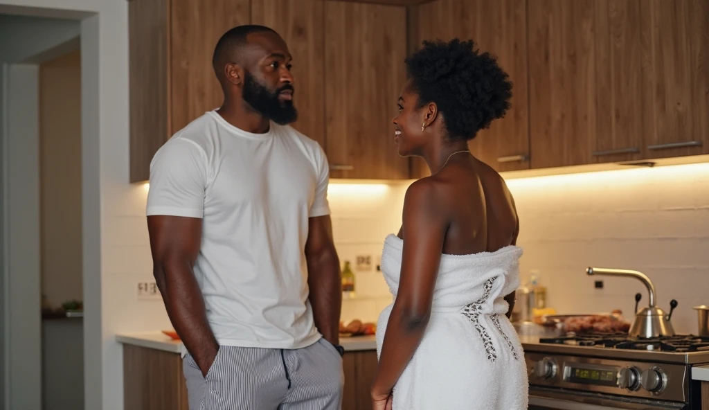 A chubby brown woman, with short curly hair, Hugging a black man, Scrawny, tall and bald. As if they were anime characters