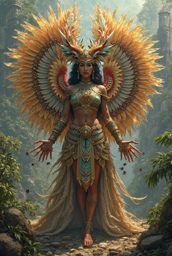 Wild Xavante India girls, tanned skin, extreme long black hair messes over naked boobs, huge macaw blue parrot feather headdress, big cheeks, long legs, curvy, small huge macaw yellow parrot feather bikini, huge macaw blue parrot feather necklace