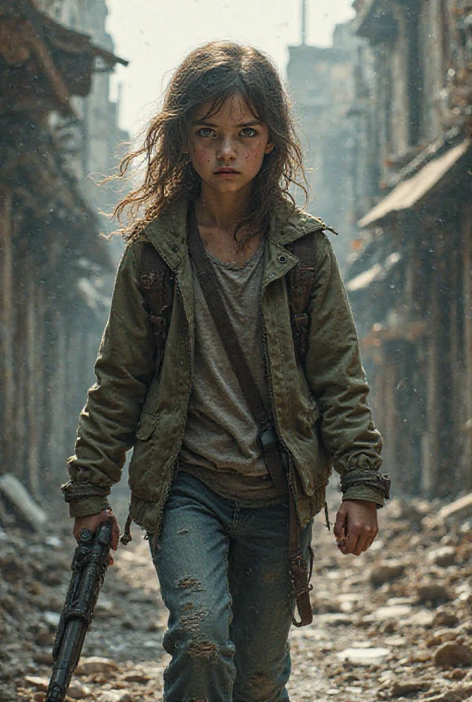 (realistic art, best quality, child,(1girl), thin, dark/ocuro focus, apocalyptic setting, desolate environment, brown skin, dark brown eyes, dramatic lighting)