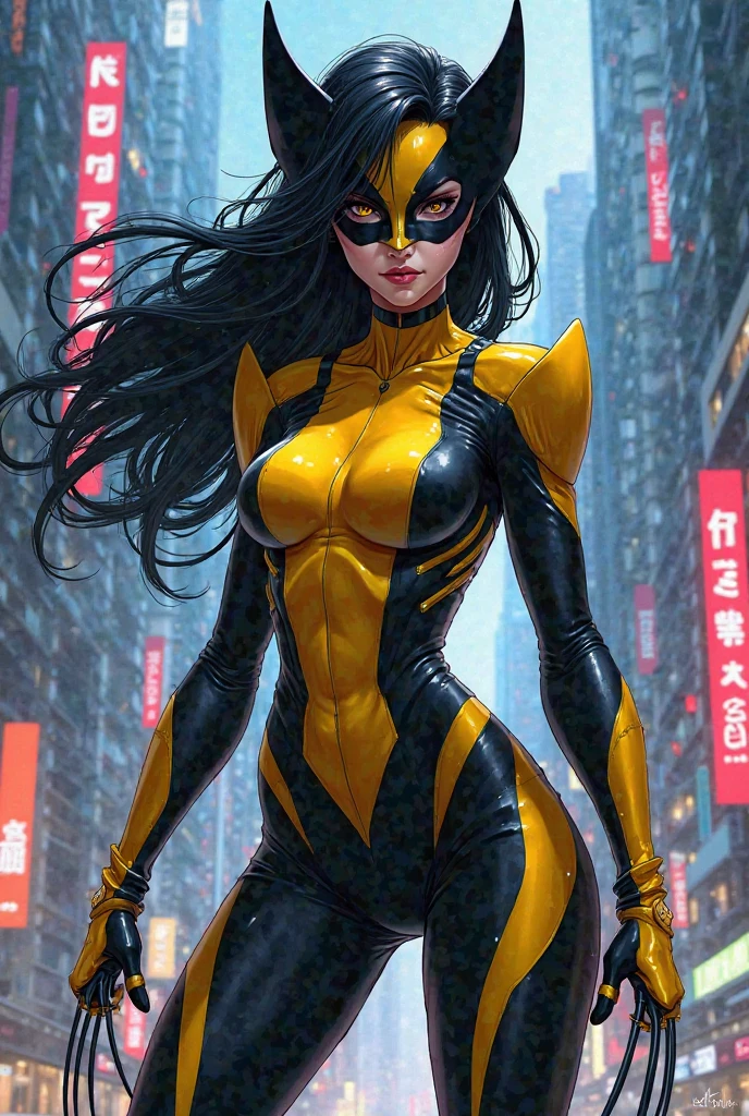 Wolverine, (Marvel comics), 1 girl, powerful, yellow classic sexy suit, classic mask, botas, garras perfectas, Young, skynny body, small and beautiful buttocks, toned abdomen, small and beautiful breasts, sensual, pose de artes marciales, patada alta, kick, flying kick, ciudad en llamas, edificios destruidos en el fondo, Dramatic background, mirando al espectador, sensual look, beautiful brown eyes, classic hairstyle,Hair dyed in bright black color, best quality,4k,8k,A high resolution,masterpiece,Ultra detailed,realistic, Photorealistic,photo realistic, ultra realistic