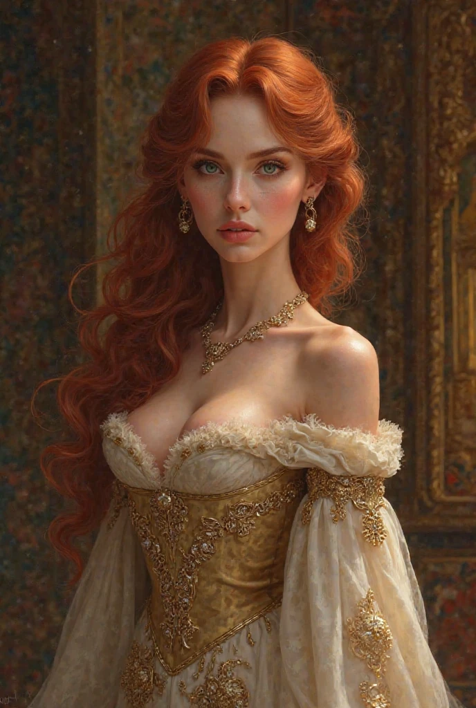 1 woman, tall, mature, voluptuous body, wide hips, big breasts, narrow waist, white skin, long red hair, beautiful blue eyes, perfect face, beautiful face, fine features, red painted lips.
Elegant white dress, gold jewelry, white stockings, white bowls.
kneeling in the middle of a large room, embarrassed expression
(Masterpiece) (High Definition) (Quality) (Detailed) (Perfect Drawing) (Expressive Face)