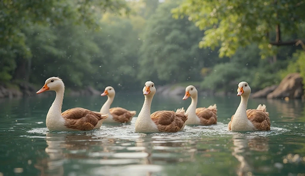Five ducks swaying towards the camera 