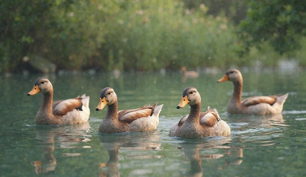 Five ducks swaying towards the camera 