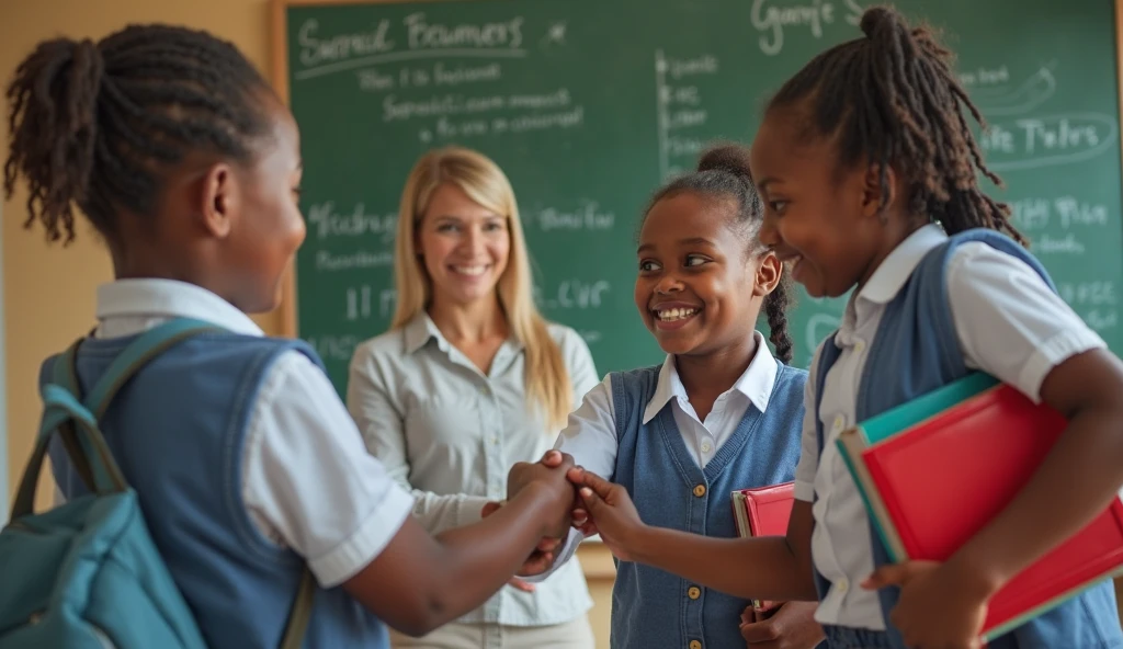 Beautiful young teacher with happy students.