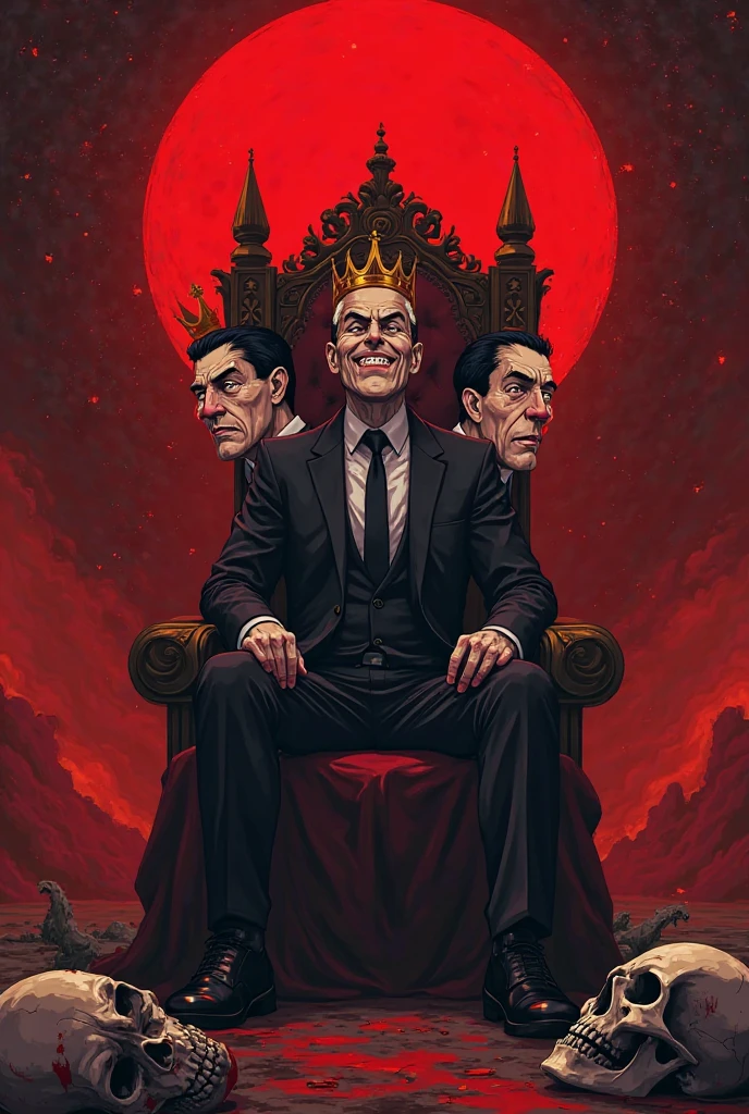 a close up of a cartoon man sitting on a throne surrounded by people, lord from hell on the throne, the king of hell, king of hell, towering giant made of zombies, sitting in the throne, sitting on his throne, epic portrait of menacing, promotional artwork, by Ignacio Zuloaga, epic portrait illustration, the king of death