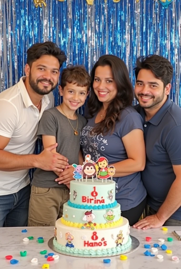 on a birthday, A family made up of from left to right a dark-haired father, um bebe , A dark-haired boy son and a blonde mother, in the animation style of the Pixar universe.