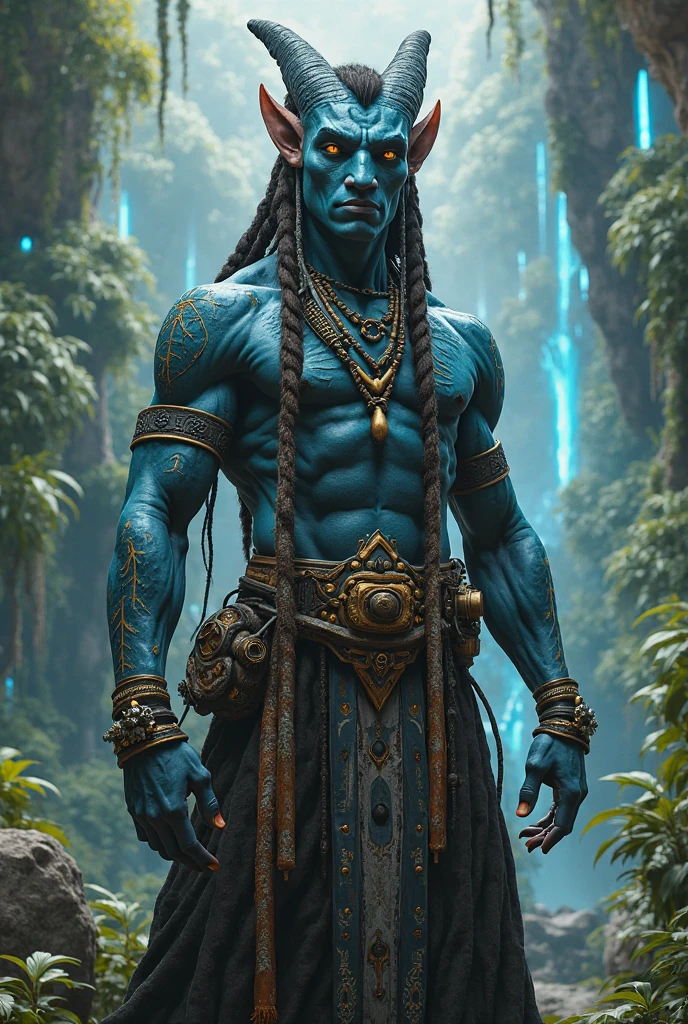 Create a realistic image of a handsome man. he is a muscular blue giant, with long black hair, has bright blue eyes, barba, tattoos on body, with indigenous clothing and the background image must be a forest