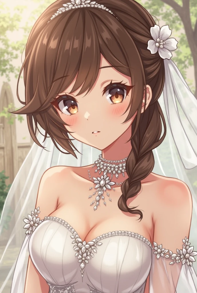 nozomitoujou, nozomi toujou, aichan, breasts, masterpiece, best quality, high resolution, extremely detailed face, good lighting, detailed CG, glossy lips, beautiful detailed eyes, wedding dress, elbow gloves, necklace, garden, bride and brjdesmaids, 3girls, (multiple girls)