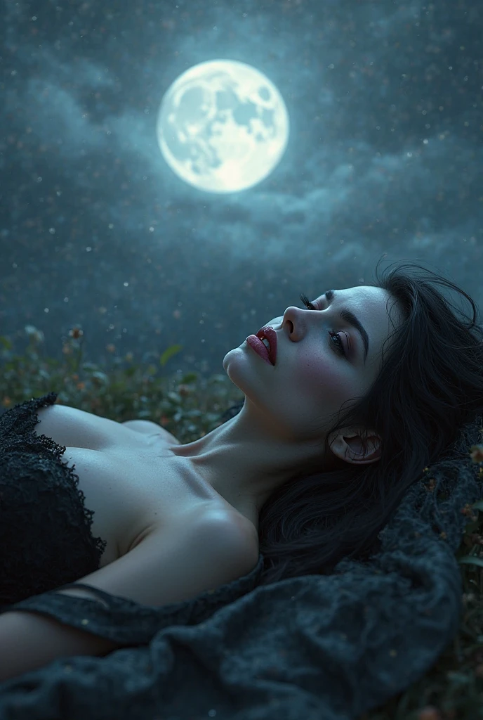 Mythical woman with roses around and the moon in the river