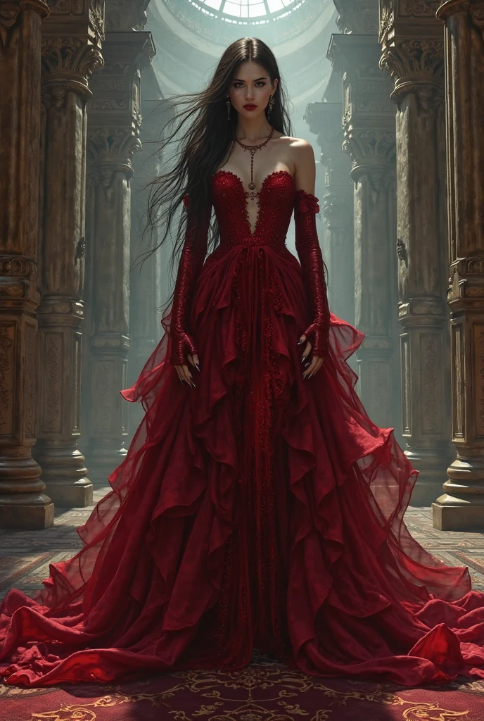 Photograph of the process that takes place in the text-to-image software with artificial intelligence in the first moments of generation.Beautiful woman in crimson dress、Red highlights on black hair、Long straight hair、sharp eye、Red Eyes、Red Eyeliner、red-lips、Staring at me、ssmile、Full body projection、Dancing figures