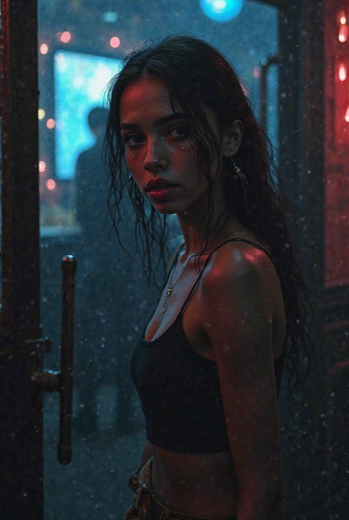 (best quality,4k,highres,ultra-detailed,masterpiece:1.2),ultra-fine painting,physically-based rendering,professional,sharp focus,studio lighting,bokeh,[detailed],[rainy],female,sexy outfit,[weapon Katas],[night],[Ninja courtyard],[ninja],[fierce expression],[motion blur],[reflection],[dripping water],[mysterious atmosphere],[dynamic pose],[intense eyes],[wet hair],[silhouette],[high contrast],[dark shadows],[sleek movements],[misty],action,[midnight blue],[neon lights],[moonlight],[puddles],[wet ground],[sleek movements],[dangerous beauty]