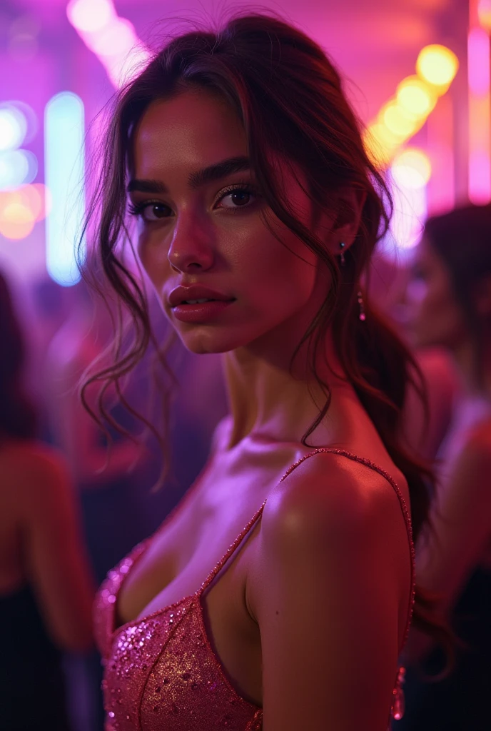 A Brazilian woman in a glittering nightclub, wearing a tight, low-cut dress, with a close-up of the seductive lines of her breasts and the neon lights reflecting off her body, highlighting its charm and the vibe of the night.