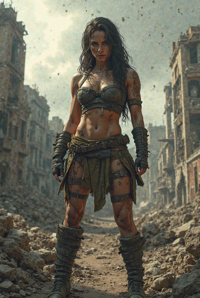 Daisy Ridley face, masterpiece 1.3, Ultrarealistic face, slim athletic physique, small flat breasts, round ass, "Kneeling in the rubble of a destroyed building, Rey's shoulders slump in defeat. Blood trickles from a cut on her forehead, and her clothes are torn and dirty, reflecting the intensity of her recent fight.", sweaty body glistening skin, dirt covered around her body, shameful expression tears in her eyes, hand cut off