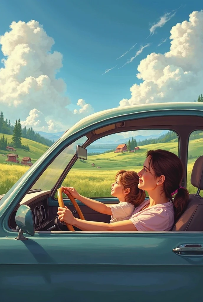 beautiful green landscape. a man watching the scenery. a baby in the man's lap. The man's back is turned.. The man has blonde hair and there is a Mercedes w 203 car next to him. The car is silver. Otomobilin plakası LB-EE 1826