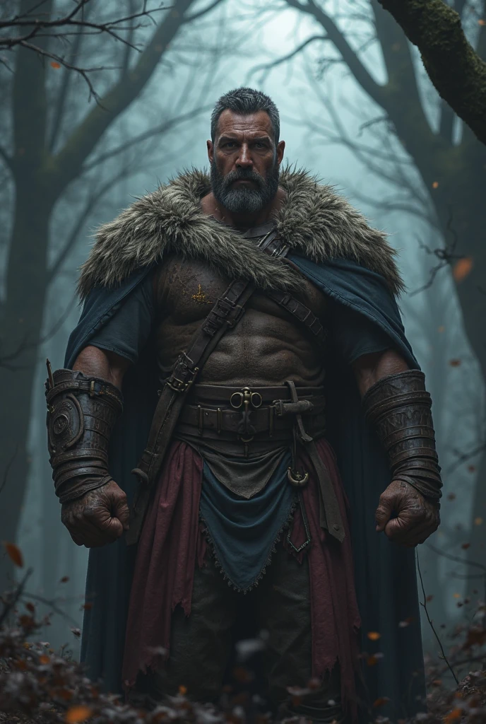 "A dark, biblical-style illustration of a 50-year-old Viking with a very short dark beard and dark hair tied in a ponytail. He has a tough, hard expression and exudes strength and determination. He wears traditional Viking armor and stands with a commanding presence, depicted in the dramatic, intricate style of Gustave Doré --ar 1:1"
