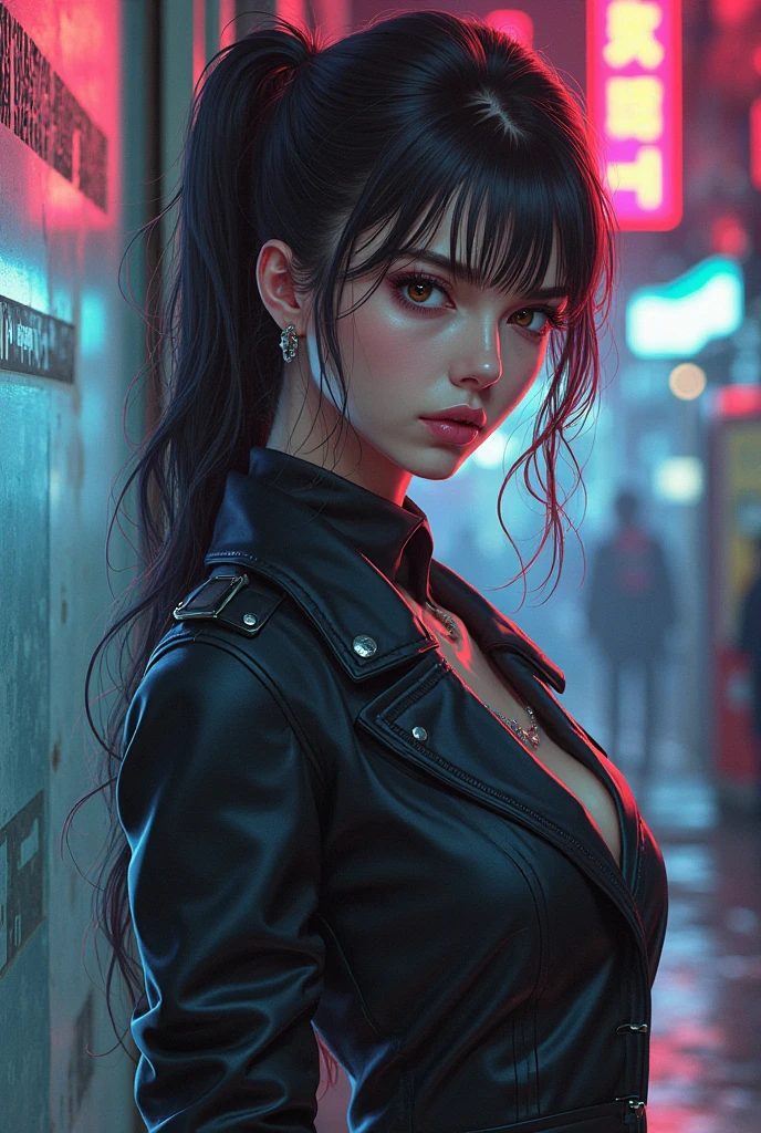 1 policeman,Solo，(3D realistic), Cold，mediuml breasts,(cleavage)， hyper HD, 8K，dramatics，（Mid-range portrait），looking to the camera，The city of the future，street corner，the night，Sateen，volume fog，steamy，cyber punk perssonage