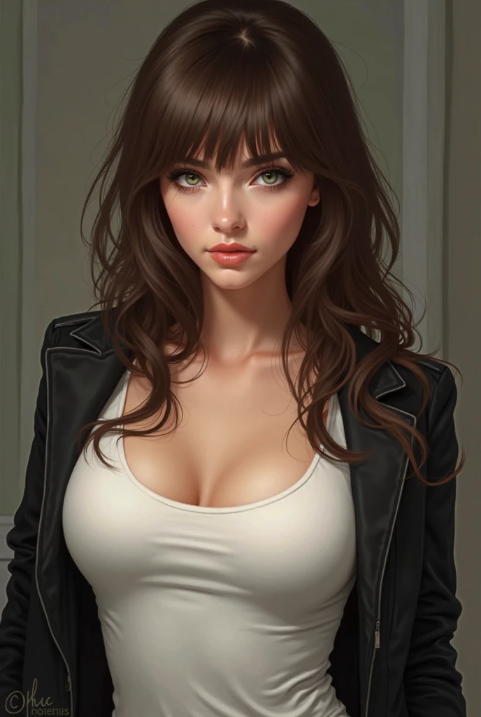 Lucy Pinder, portrait, face portrait, smiling, voluptuous, red lips, cleavage, straight hair, black hair, ponytail, black t-shirt, black jean jacket, black jeans.