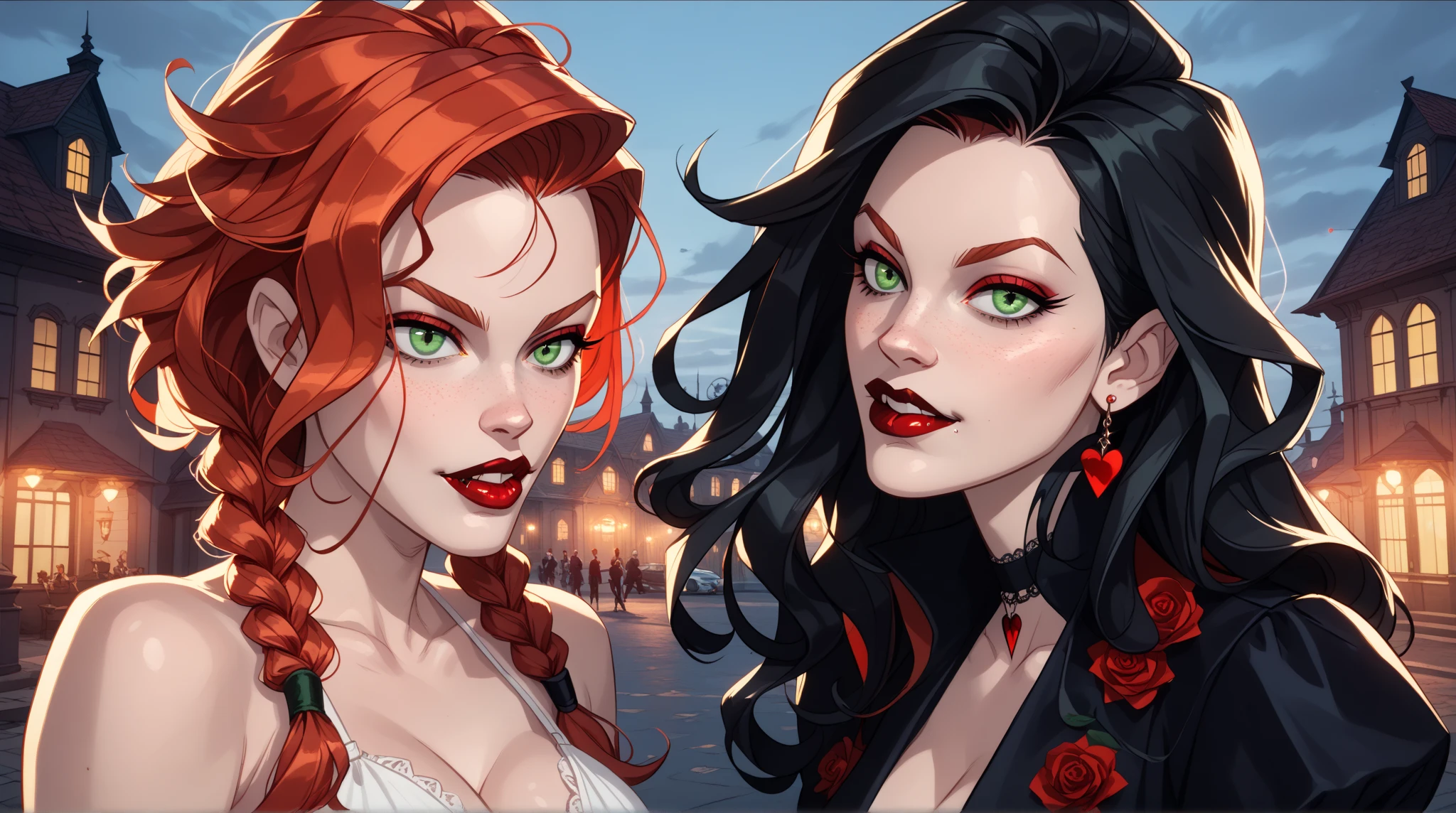 vampire teeth , ((((nighttime))) , 2girls,looking at each other in the eye, long hair , RAW photo, high quality, film grain,simple background, presenting, beautiful, (black and red lined satin cloak tied at the neck:1.20) , biting necks , breasts,big ass, clothes lift,bottomless,  moonlit graveyard , (2girls,yuri), 