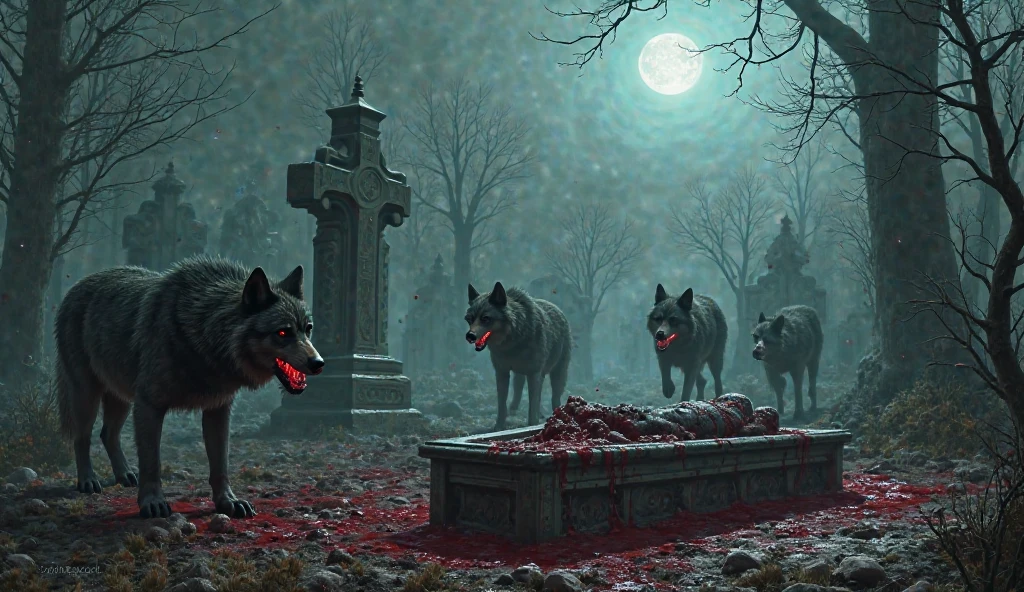 Old residences and a blood-colored moon , infected black wolves eating a man