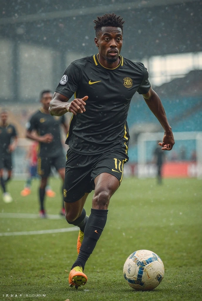 black man playing soccer and dribbling someone, with the ball very close to the right foot
