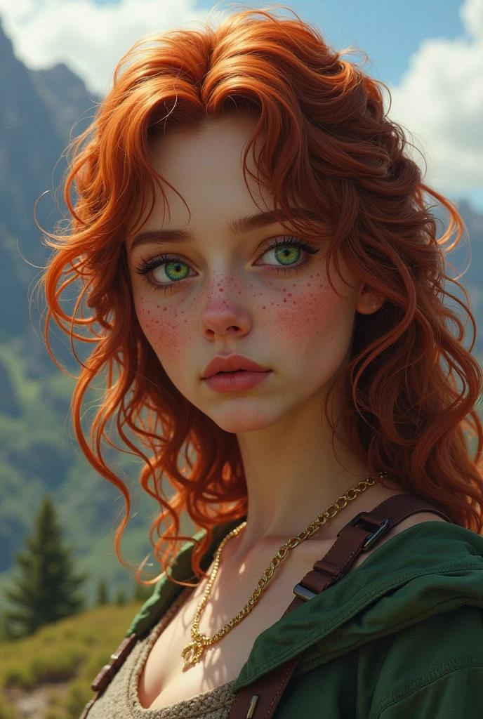 masterpiece, best quality, expressive eyes, perfect face, big eyes, looking at viewer, large breast, big breast, small waist, , Best Quality, Realistic, perfect figure, highly detailed, showing cleavage, dressed as merida from brave, Red curly hair, big hair, blue eyes, Green outfit, in the forest, bow and arrow, detailed dress, freckles on her face, cheek blush, big puffy hair, very curly hair, castle in the bakcground