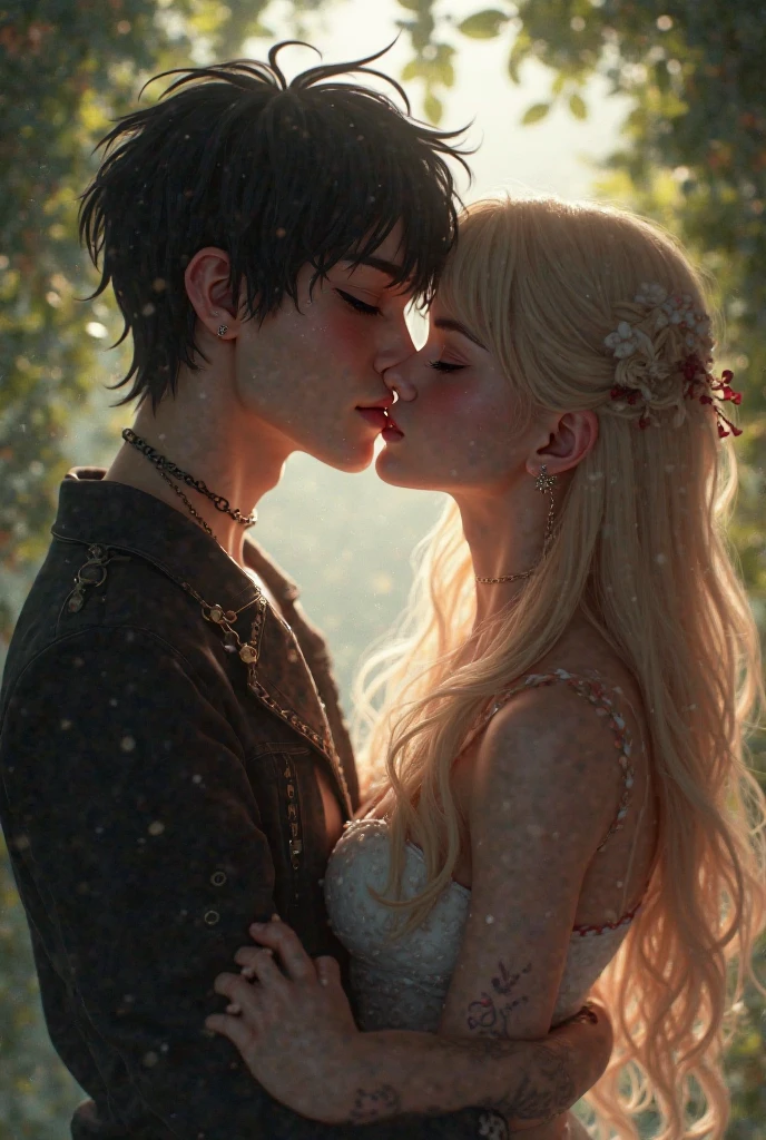 A boy with pale skin, reminiscent of freshly fallen snow, leans in to share a tender kiss with another boy whose skin is tanned from the summer sun. They steal this intimate moment away from prying eyes, seeking refuge under the sheltering branches of a tree at sunset. The golden rays of the setting sun kiss the leaves above them, casting a warm and romantic glow over the scene. The air is filled with the sweet scent of blooming flowers, and the gentle hum of insects adds to the serene ambiance. The boys' secrets are safe beneath the tree, where only their love exists.