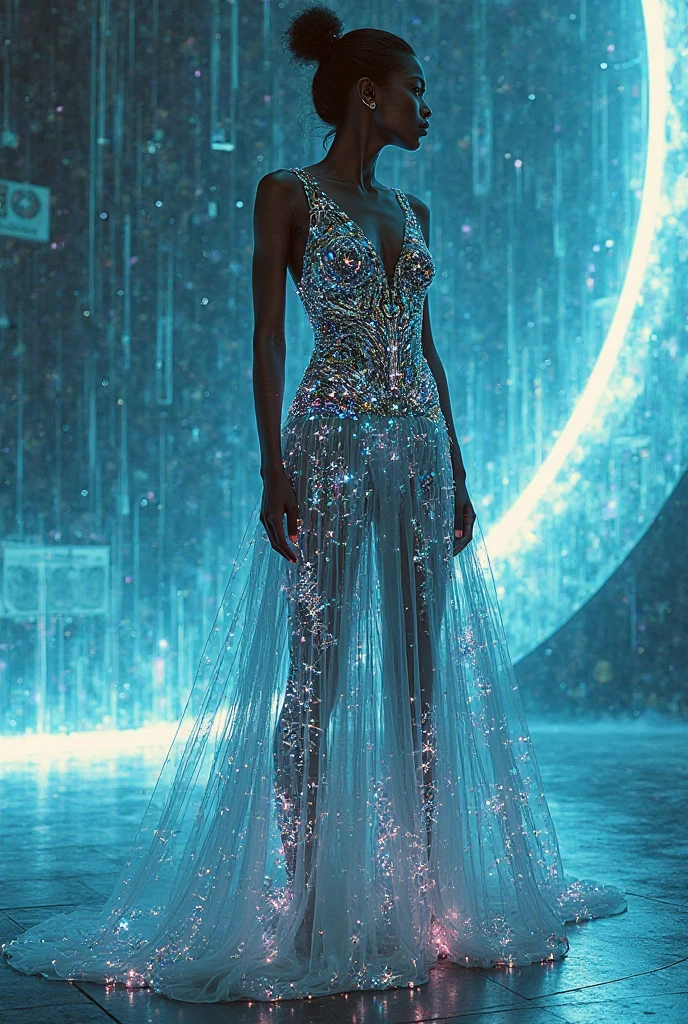 Subject: A statuesque black model with glowing silver tattoos and a futuristic hairstyle, wearing a shimmering metallic Versace gown with geometric patterns and holographic details. The dress embodies a vision of future fashion and technological advancement.
Setting: A sleek, futuristic cityscape with towering buildings and holographic advertisements. The model stands on a rooftop overlooking the city, her gown reflecting the neon lights and futuristic atmosphere.
Color Palette: A mix of metallic silver, blue, and purple hues to create a futuristic and technologically advanced feel.