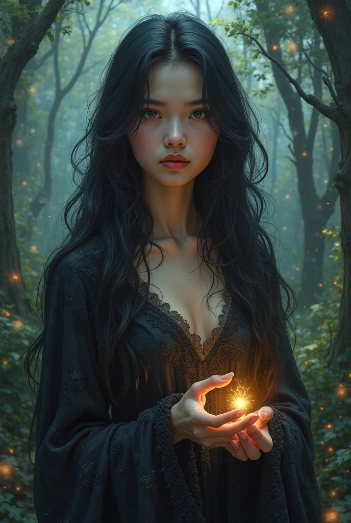 (best quality,photorealistic:1.37),"Create an image of a breathtaking witch, incorporando sensualidade e magia. Ela tem cabelos longos e sedosos que caem em cascata sobre seus ombros, with mysterious reflections that glow in candlelight. His eyes are deep and mesmerizing, with a piercing gaze that exudes confidence. Your skin is pale and smooth, parecendo ser beijada pela lua.

She wears a long, flowing dress, preto como a noite, who embraces her curves provocatively. The dress is adorned with magical details and lace that sparkles by candlelight, and she wears mystical jewels that emanate a bewitching glow.

In one hand, ela segura um cajado antigo, esculpido com runas misteriosas, while the other hand rests gracefully on his hip. A seductive smile dances on his lips, revealing an unshakable confidence in his power.

The witch is surrounded by an aura of magic and mystery, with lit candles and steaming cauldrons in his secret lair. The scene is an irresistible mix of seduction and sorcery. Por favor, Capture this unique combination of sensuality and magic in a magical work of art."
