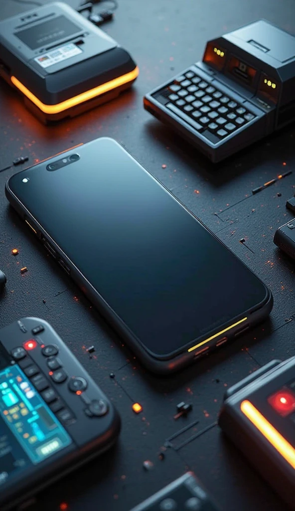 a sleek, futuristic smartphone surrounded by historical tech icons from microsoft, apple, and ibm, symbolizing the evolution of mobile technology.