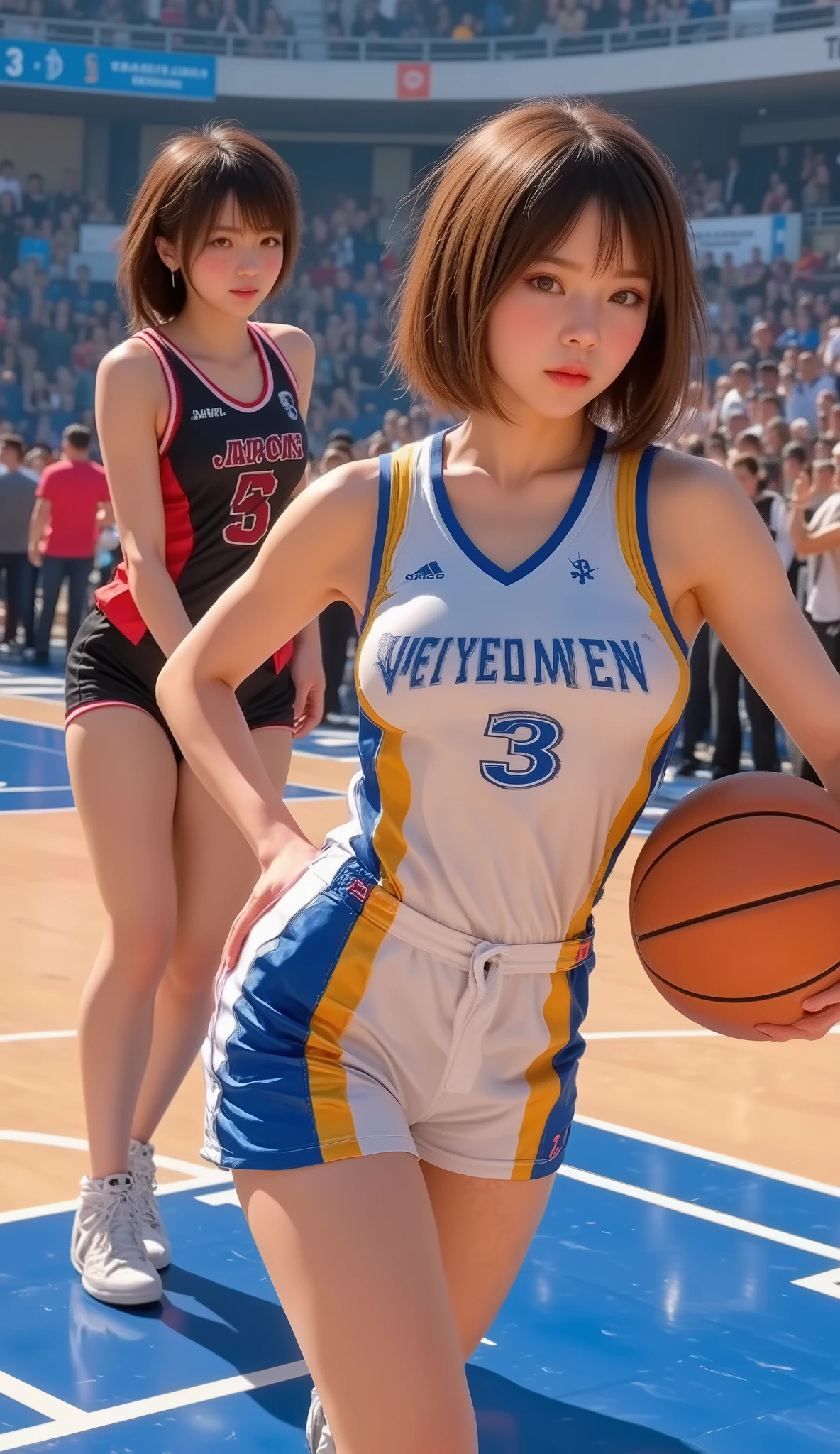 onoff,side-by-side photo,split screen,Woman playing basketball (wearing basket_uniform: 1.3), blue and yellow uniform,
Good hands, 4K, high resolution, masterpiece, top quality, head: 1.3, (((Hasselblad photo)), fine skin, sharp focus, (cinematic lighting), night, soft lighting, dynamic angle, [:( detail face: 1.2):0.2],((((inside_basketball_field)))),nude.