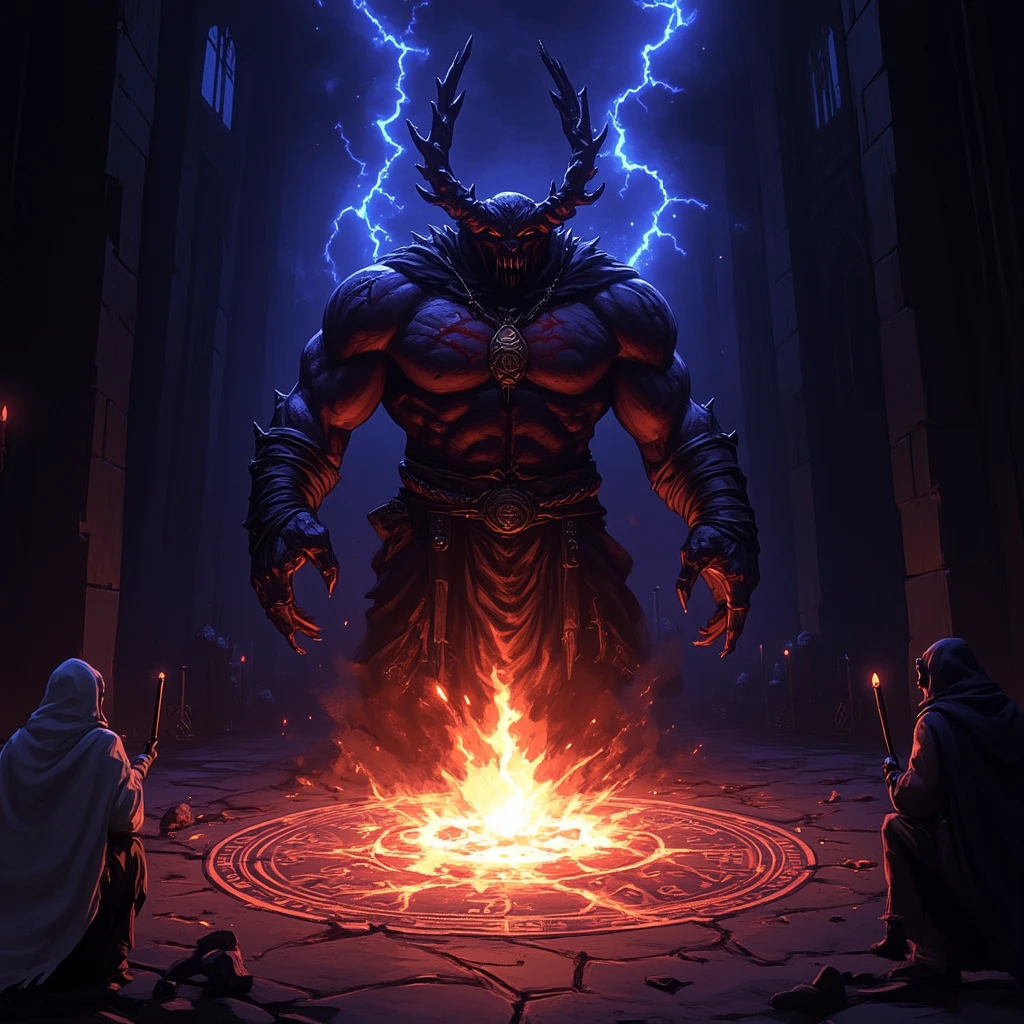 In the center an ancient summoning circle, a colossal demon emerges ...