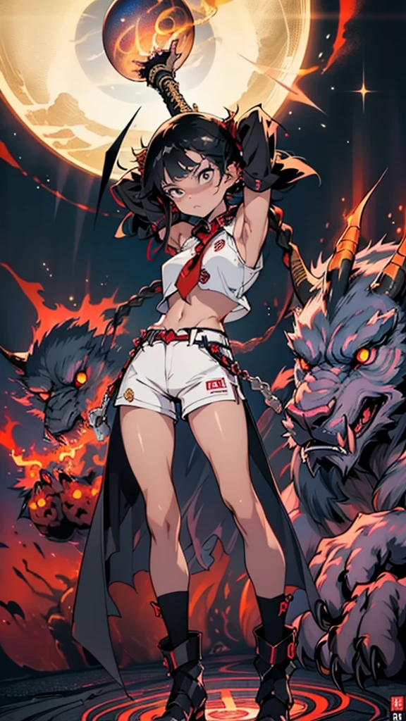 Dragon Bug wore a suit with traits from both Ladybug and Ryuko's design, with the right side being red with black spots with a yellow outline with a black line with a yellow outline wrapping around the leg and the forearm and ending on the foot and the hand, respectively. The left side was black with red spots with a yellow outline, but with the leg and the forearm being red with the same line, but ending on the ankle and wrist, respectively. She had a black collar/turtleneck with a yellow edge (where she had the Dragon Miraculous), and on her chest, over a black spot, she had the images that represented the three elements she controlled: lightning, air, and water. On the back of her head, she had four red dragon-like horns (two pairs of conjoined horns on each side) with black tips with a thick yellow outlining and, on her back, she had a holder for her sword. On her face, she wore a red mask around her eyes with three spots and a yellow and black outline at the base of the sides. SPARKLE; GLITTER