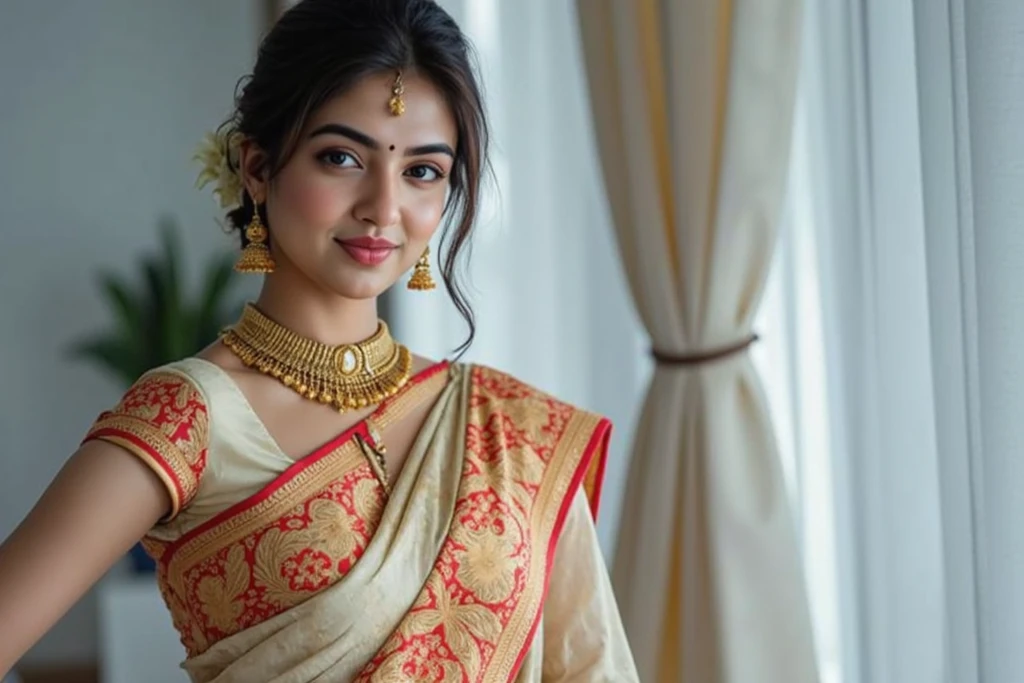 An indian girl wearing bengali red saree on a wedding event 