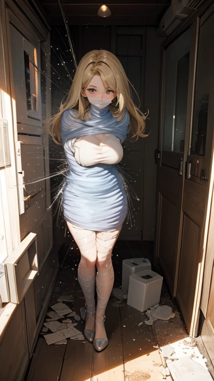 (portrait), (zoom out angle, Picture of whole room), skinny body, outfit: white bandages only, (squat pose in the shabby and messy abandoned mansion), Sexy sun tanned skinny Japanese girl, golden hair color, yawn and closed eyes face, (full body shot), ((wrapping white bandages on the chest and on the waist, put cast on legs)), (disclosed ultra huge breasts from the white bandages), exposed realistic nipple from the bandages, (exposed hyper realistic shaved armpits), busty girl, realistic texture, ultra high res, The highest quality, 32K, masterpiece,