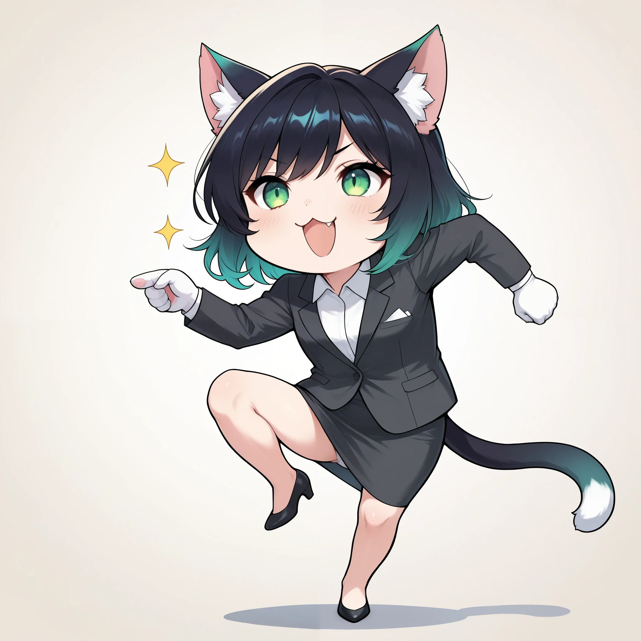 cute cat girl, genba _neko,chibi, pointing, standing on one leg, :3, open mouth, meme, parody, simple background, white background, full body, (office lady, suit), 4K High Resolution, vibrant coloring, best quality, 4K, masterpiece, hyper detailed, studio lighting, ultra-fine painting, vivid colors, sharp focus, Extreme Details, professional, HDR, UHD, bokeh effects ,