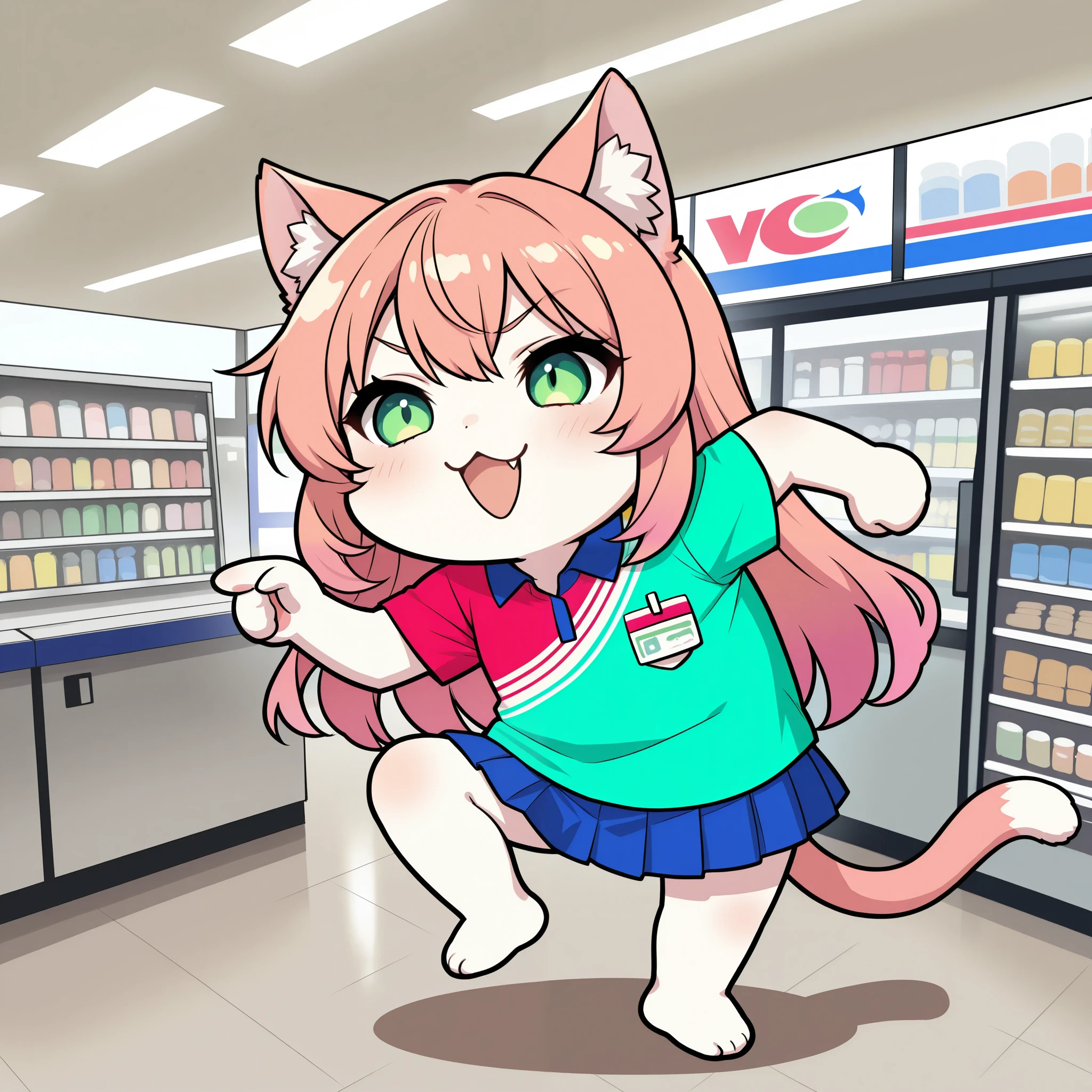 cute cat girl, genba _neko,chibi, pointing, standing on one leg, :3, open mouth, meme, parody, simple background, white background, full body, (convenience store clerk, Colorful Shirt), 4K High Resolution, vibrant coloring, best quality, 4K, masterpiece, hyper detailed, studio lighting, ultra-fine painting, vivid colors, sharp focus, Extreme Details, professional, HDR, UHD, bokeh effects ,