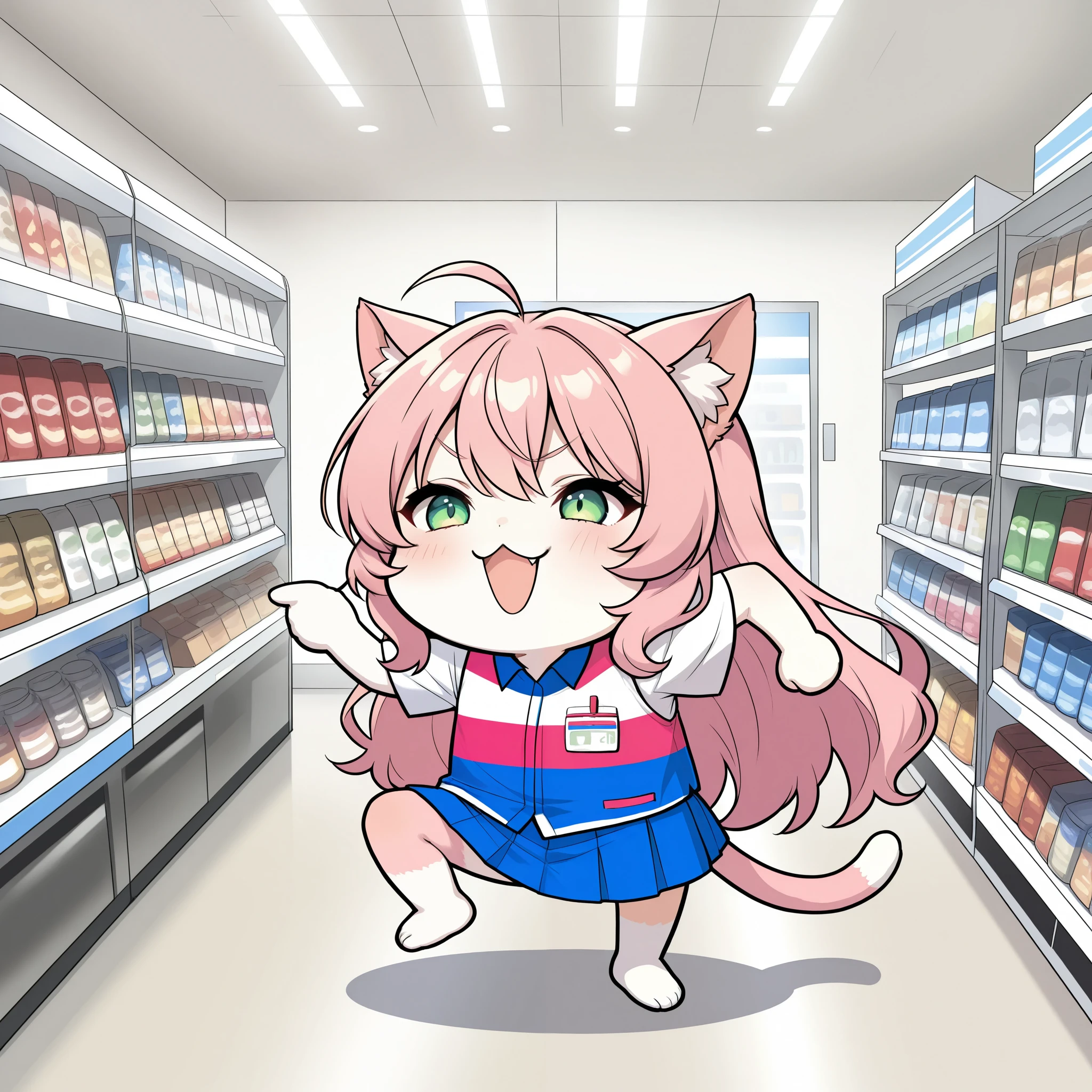 cute cat girl, genba _neko,chibi, pointing, standing on one leg, :3, open mouth, meme, parody, simple background, white background, full body, (convenience store clerk, Colorful Shirt), 4K High Resolution, vibrant coloring, best quality, 4K, masterpiece, hyper detailed, studio lighting, ultra-fine painting, vivid colors, sharp focus, Extreme Details, professional, HDR, UHD, bokeh effects ,