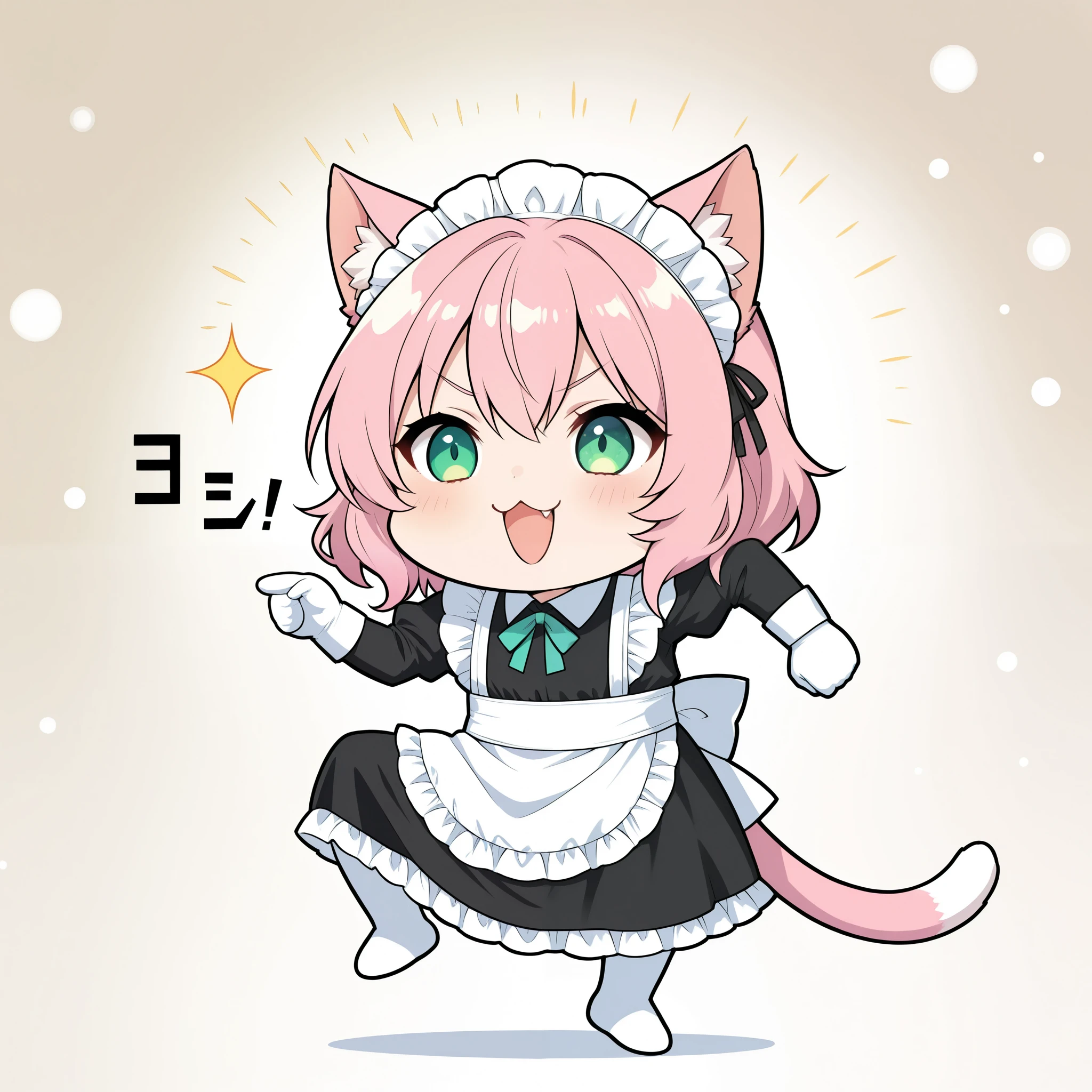 cute cat girl, genba _neko,chibi, pointing, standing on one leg, :3, open mouth, meme, parody, simple background, white background, full body, (maid clothes, frill), 4K High Resolution, vibrant coloring, best quality, 4K, masterpiece, hyper detailed, studio lighting, ultra-fine painting, vivid colors, sharp focus, Extreme Details, professional, HDR, UHD, bokeh effects ,